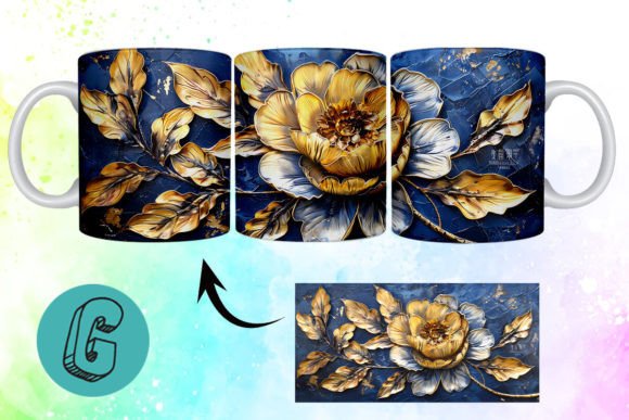 3D Oil Paint Gold Flower Mug Wrap 10